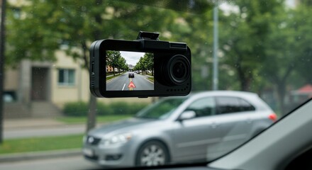 Dashcam recording street view with car ahead and hazard warning on screen