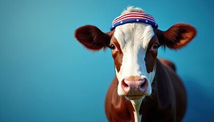 Brown, white cow in close-up portrait with blue, white striped headband. Friendly cow looks directly at camera with slightly turned gaze. Blue background blurred, focusing attention on cow cute face,