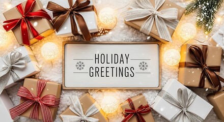 Festive Holiday Greetings: Wrapped Gifts, Lights & Snow