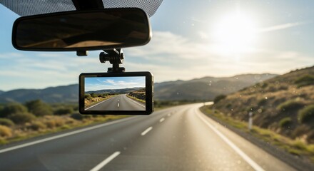 Dashcam view of a winding road through sunlit hills, captured from inside a car.