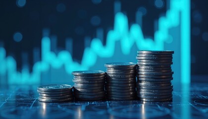 Silver coins stack in pyramid formation on light gray surface. Coins face upwards, suggesting stability. Dark blue background with blurred geometric pattern creates striking contrast. Coins relative