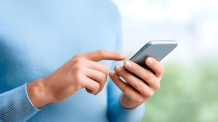 Hand holding a smartphone with a blurred background. Great for tech-related content, app promotion, and user interface mockups. Focus on touch interaction and usability.