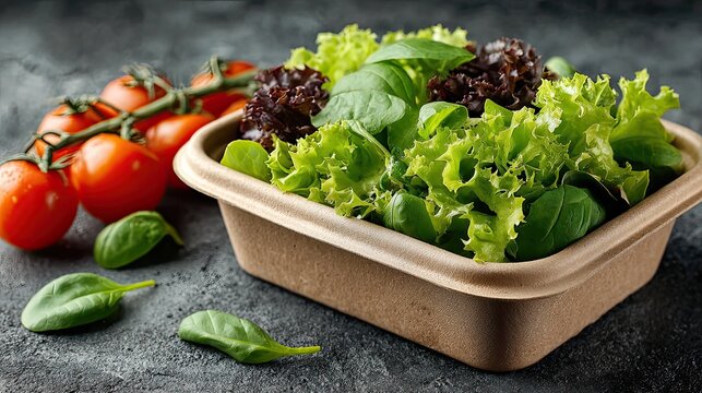 Vegan takeaway eco container with fresh salad, sustainable plant-based food packaging concept for health food ads
