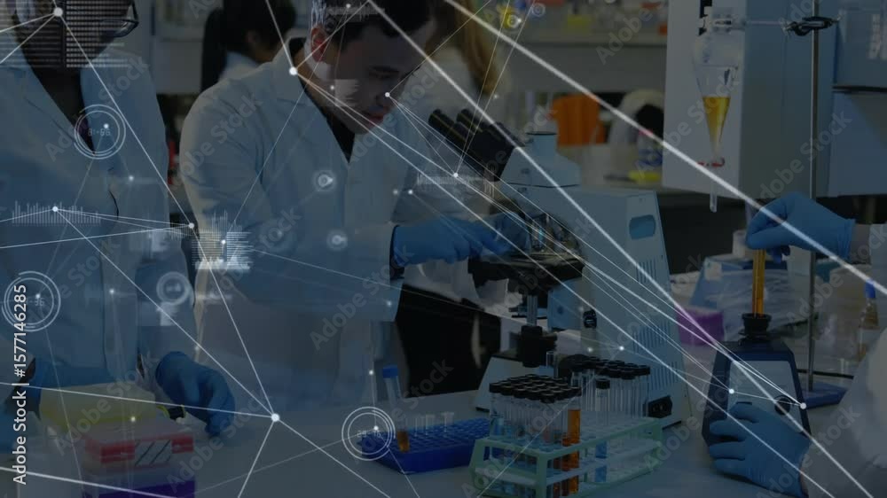 Aufkleber lab researchers reaching pipettes, filling plate and analyzing microscope slide with data overlays