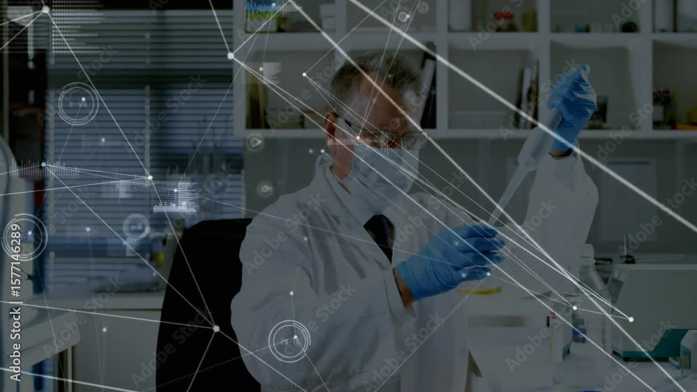 Poster senior scientist lifting flask triggers pipetting yellow solution for lab research with data flow