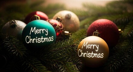 Christmas Ornament Decor: Festive Teal & Gold Balls with 'Merry Christmas' Message