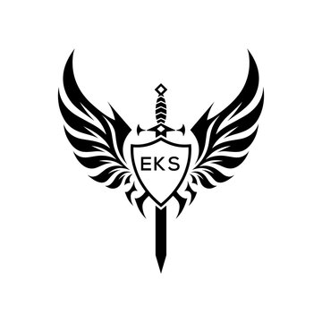 EKS  Winged Sword and Shield Logo with EKS  Letters, Heraldic Emblem, EKS  Later Logo,  Black and White Vector Design
