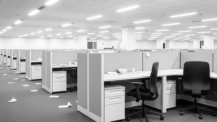 Empty cubicles in a large office space create an atmosphere of vacancy, desks, and chairs stand in a deserted workspace.