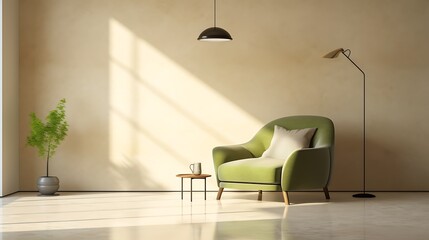 Minimal lounge with a navy rounded sofa, moss green recliner, sandy beige plaster wall with sunlight streaks, terrazzo flooring, and single pendant bulb, photographed in full-frame clarity,