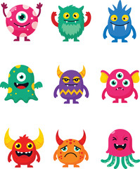 Cute colorful cartoon monsters with one eye, three eyes, horns, tentacles, funny expressions, isolated characters set for kids, games, Halloween, vector illustration