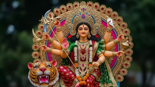 Statue of Hindu Goddess Durga Riding Tiger with Multiple Arms and Ornate Decorations