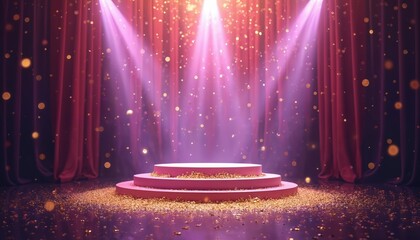 Elegant award stage with pink platform on black stage. Gold sequins shine under pink lights. Red curtain with gold stars creates atmospheric backdrop. Grand, majestic, and sophisticated setting.