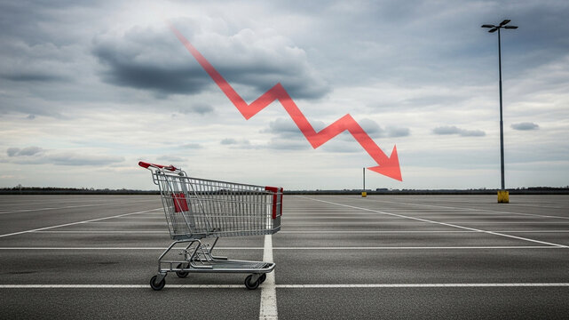 Economic downturn depicted with a shopping cart and downward pointing arrow against a bleak sky symbolizing recession