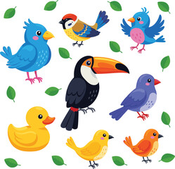 Cartoon colorful birds collection with tropical parrot, toucan, duck, sparrow, cute flying birds, leaves background, vector illustration for kids, learning, fun