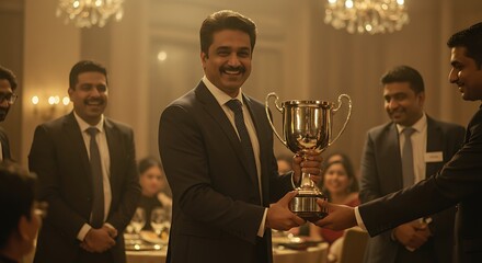 A distinguished Indian businessman in a suit warmly accepts a gleaming gold trophy from another man, symbolizing achievement and recognition at a formal event with smiling attendees.