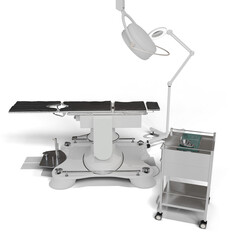 A medical examination table with adjustable height, a built-in light source, and an attached rolling cart. The table features a rectangular surface and a sturdy, multi-legged base. 