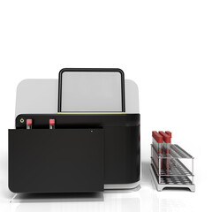 white and black automated medical analyzer. a rack holding several blood collection tubes.  The device appears compact and modern, suggesting sophisticated laboratory technology