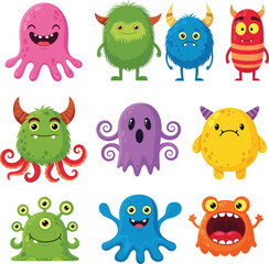 Funny colorful cartoon monsters with eyes, tentacles, horns, cute expressions, vector creatures for kids, Halloween graphics, games, comics, fantasy, or storytelling