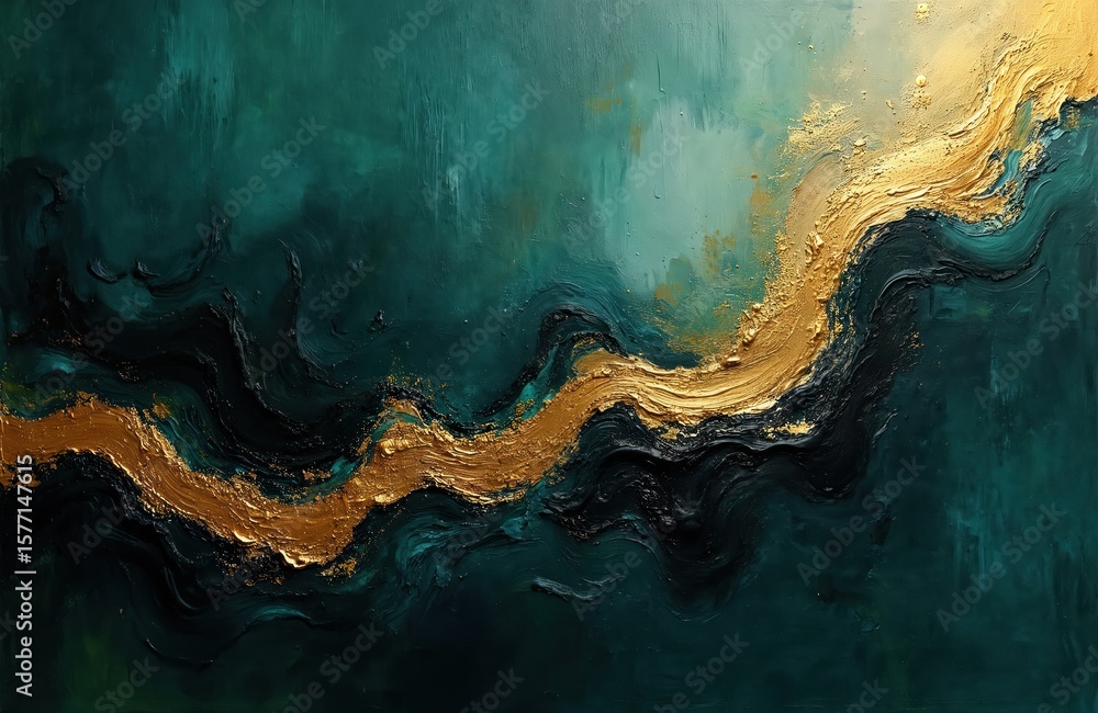 Poster bold, abstract painting features curved line of varying widths, shades of brown on cool blue backgro