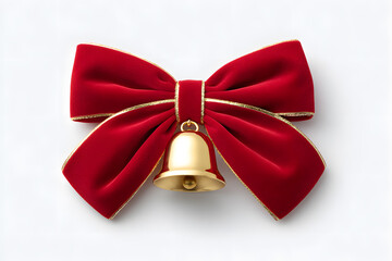Red holiday bow with golden bell, isolated on white. Ideal for festive decorations, Christmas packaging visuals, or elegant seasonal graphic elements.