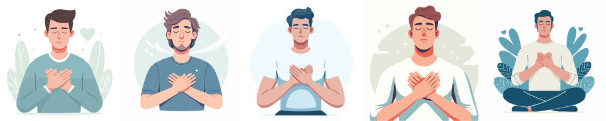 Peaceful Men Practicing Breathing Exercises with Hands on Chest – Vector Illustration