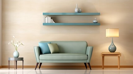 Minimalist designer room with marine blue sleek sofa, pale green high-back chair, light textured beige plaster wall, fine ceramic d?(C)cor on low shelves, 