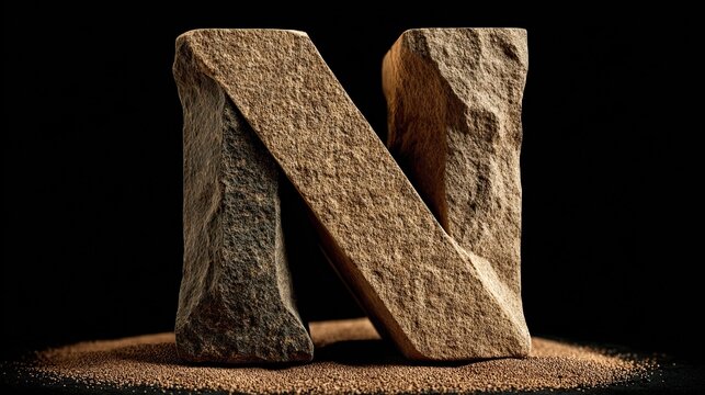 Stone letter N illustration with carved texture on dark background, bold initial typography concept for decor, design ads