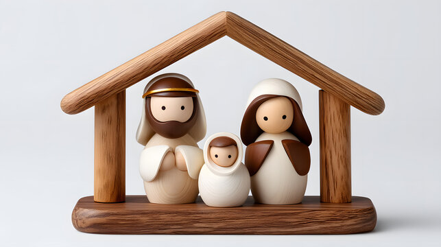 Miniature nativity scene with Holy Family, wood figures on white. Ideal for Christmas tradition visuals, religious content, and holiday decor mockups.