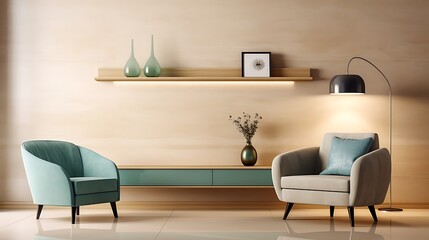 Minimalist designer room with marine blue sleek sofa, pale green high-back chair, light textured beige plaster wall, fine ceramic d?(C)cor on low shelves, 