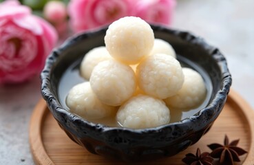 Stacked white rice balls in black carved bowl on wooden board on gray countertop. Pink flowers surround bowl, small star on board adds to sweetness. White creamy substance fills balls.
