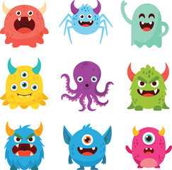 Cute cartoon monsters collection with tentacles, horns, single and multiple eyes, colorful characters for kids designs, fantasy stories, games, and Halloween decorations