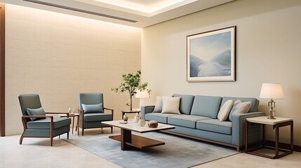 Minimalist luxury living room featuring a steel blue sectional sofa, pale green bucket armchair, matte beige plaster walls, large travertine coffee table,