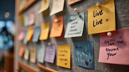 Sticky notes with handwritten affirmations on wall, symbolizing personal growth, goals and daily motivation