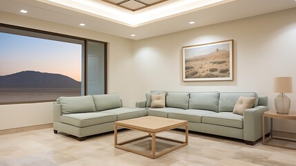 Minimalist luxury living room featuring a steel blue sectional sofa, pale green bucket armchair, matte beige plaster walls, large travertine coffee table, 