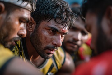 Intense discussion among players during a competitive match in a vibrant outdoor setting at sunset, showcasing teamwork and focus