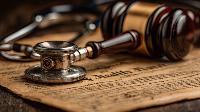 Stethoscope placed beside gavel on legal document representing intersection of health law, ethics and medicine