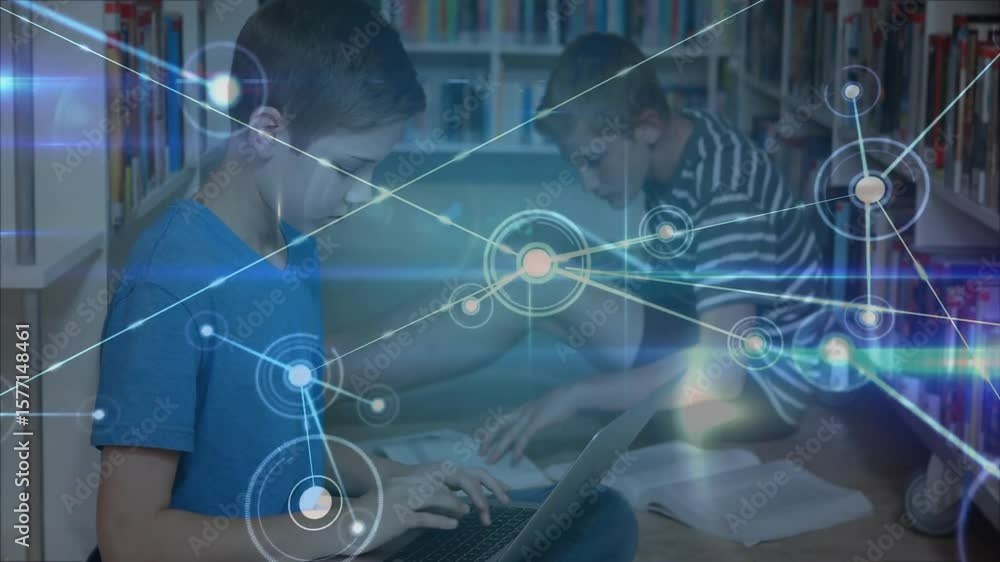 Poster boy opening laptop and activating network nodes animation weaving across textbook in library study