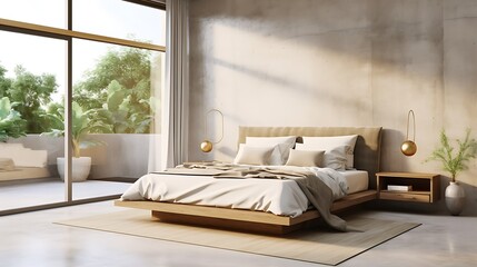 Modern full bedroom with natural beige tones, raw concrete walls, polished concrete floor, and ceiling, low platform bed with linen bedding and large windows, 3d rendering illustration