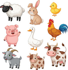 Cute cartoon farm animals set, smiling pig cow goat sheep rabbit chick duck goose rooster, vector illustration for kids education, farm animals bundle