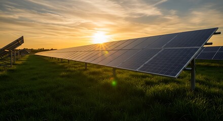 Solar panels shine brightly in a field during the golden hour, harnessing renewable energy for a sustainable future.