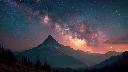 Starry Milky Way sky with glowing galaxy and silhouette mountain, night astronomy scene concept for science, design ads