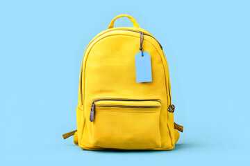 Vibrant yellow backpack with price tag isolated on white background. Great for school campaigns, travel ads, and colorful fashion promos.