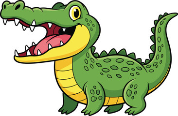 Cute cartoon crocodile character, funny smiling alligator illustration, happy reptile mascot design, green jungle animal vector, kids educational animal drawing art