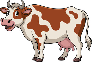 Happy cartoon cow with brown spots, smiling dairy cow illustration, farm animal character, cute milk cow vector, children’s farm animal design, cartoon bovine mascot