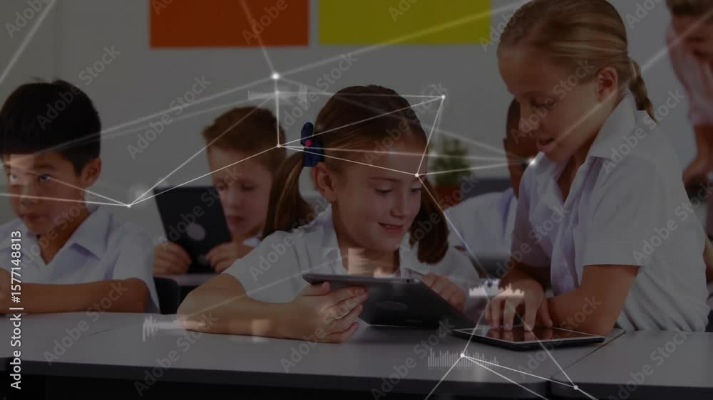 Poster peer joining seated student and guiding tablet navigation in education scene with network overlay