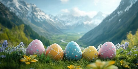 Colorful easter eggs arranged in a scenic mountain valley with blooming flowers and clear skies