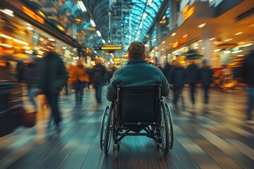 Person in wheelchair inside a busy shopping mall