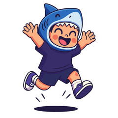 Playful Boy Wearing Shark Cap Jumping Happily