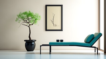 Open space minimalist interior with azure blue chaise, leaf green lounge armchair, minimal art on beige plaster wall, and black steel coffee table, full-frame studio-style capture,