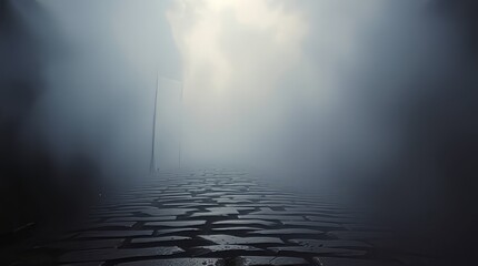 Obraz premium Pathway to Mystery: A cobblestone pathway, shrouded in ethereal mist, winds into the unknown, beckoning viewers to explore a world of mystery.